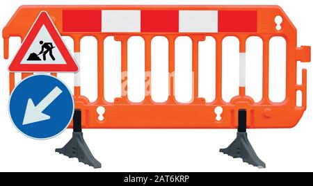 Ostacolo deviazione barriera barriera lavori stradali barricata, arancione rosso e bianco stop luminescente segnale, UK lavori stradali e obbligatorio mantenere la destra segno Foto Stock