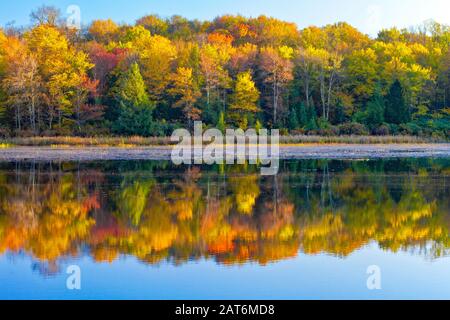 Il lago da 173 acri è uno dei due laghi del Promesso Land state Park nelle Pocono Mountains della Pennsylvania. Foto Stock