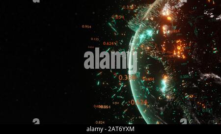 Astratta futuristica Terra circondata da elementi virtuali. Punti, numeri e linee. Elemento di questa immagine fornita dalla NASA. Rendering 3D. Concetto di tecnologia Foto Stock