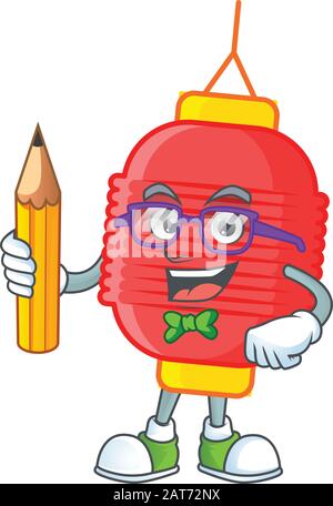 Una foto dello studente cinese lanterna personaggio che tiene matita Illustrazione Vettoriale