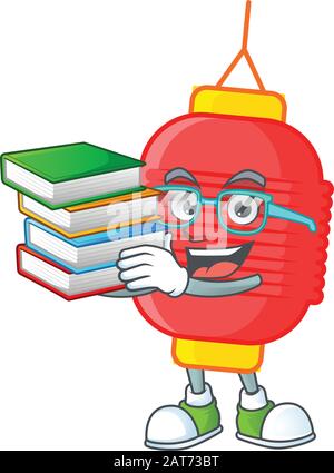Fresco e intelligente studente cinese lanterna mascotte cartone animato con libro Illustrazione Vettoriale