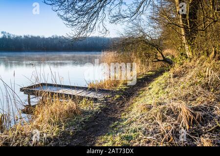 Una fredda e soleggiata mattinata invernale su Coate Water a Swindon. Foto Stock