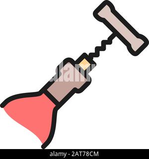 Flacone vettoriale aperto con icona della linea di colore piatta della cavatappi. Illustrazione Vettoriale