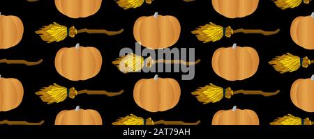 Ripetizione vettoriale senza giunture. Zucca e scopa volante. Scopa per volare. Magia e stregoneria. Halloween Illustrazione Vettoriale