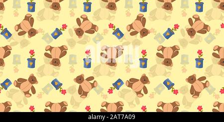 Pattern vettoriale per bambini senza giunture. Peluche orsacchiotto, giocattoli. Tessuti e sfondi per bambini. Design della carta di imballaggio. Illustrazione Vettoriale