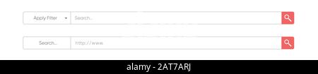 Set di modelli di moduli di ricerca per siti Web. Barra di ricerca per interfaccia utente, design e sito Web. Icona Cerca indirizzo e barra di navigazione Illustrazione Vettoriale