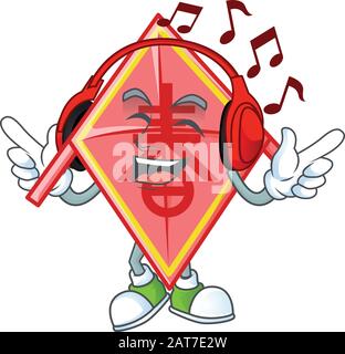 Musica d'ascolto cinese rosso kite mascot cartone animato design personaggio Illustrazione Vettoriale