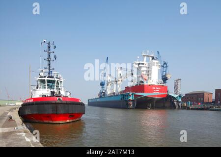 Navi da carico al molo di Kaiserhafen, gru portuali, Bremerhaven, Brema, Germania Foto Stock