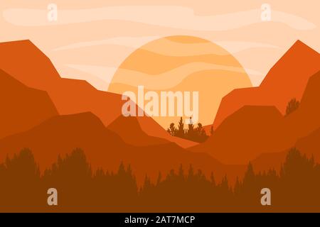 Paesaggio Di Montagna. Sfondo di natura rurale con montagne di alba e tramonto. Illustratore vettoriale. Carta da parati. Illustrazione Vettoriale