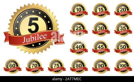 EPS 10 illustrazione vettoriale di Jubilee Button con banner collection da 5 a 100 anni Illustrazione Vettoriale