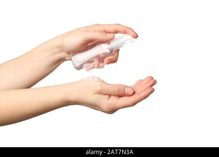 Disinfettante antibatterico antisettico per la conservazione delle mani isolato su sfondo bianco. Protezione contro il coronavirus Foto Stock