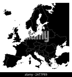 Mappa del continente europeo. Confini nazionali ed europa. Immagine vettoriale isolata in colore nero. Illustrazione Vettoriale