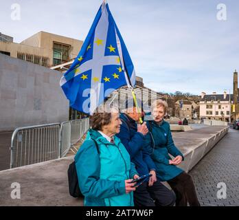 Holyrood, Edimburgo, Scozia, Regno Unito, 31st Gennaio 2020. I sostenitori dell’Unione europea anti-Brexit si radunano presso il parlamento scozzese per protestare contro la Brexit il giorno della Brexit battono bandiera dell’Unione europea Foto Stock