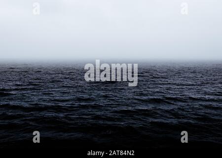 Tumultuoso Oceano Pacifico Mosso Con L'Avvicinarsi Di Rainstorm. Il cielo bianco puro pieno di nuvole di pioggia si avvicina attraverso l'oceano espansivo. Foto Stock