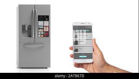 App per smartphone, telefono cellulare con presa a mano e frigorifero intelligente affiancato isolato su sfondo bianco. figura 3d Foto Stock