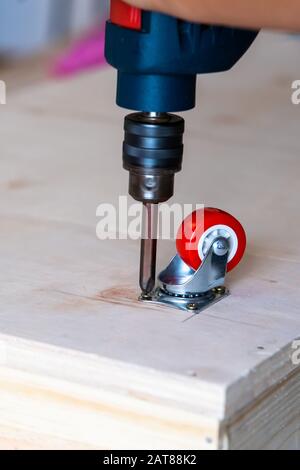 Fissaggio ruota orientabile su legno compensato, mobili. Foto Stock