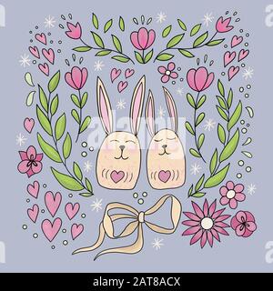 Immagine di due conigli amorevoli, fiori rosa e un cuore Foto Stock