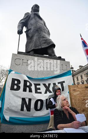 Londra UK 31st gennaio 2020 - i sostenitori della Brexit prendono il controllo della statua di Churchill in Parliament Square Londra mentre la Gran Bretagna si prepara a lasciare l'UE a 11pm più tardi questa sera 47 anni dopo l'adesione: Credit Simon Dack / Alamy Live News Foto Stock