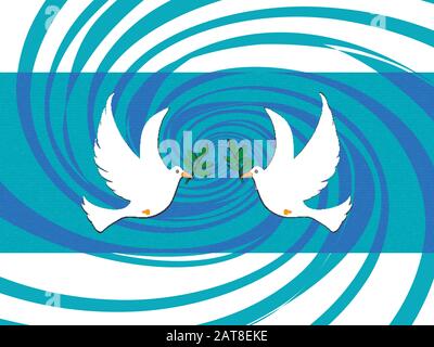 Coppia Disegnata A Mano Di White Easter Doves Holding Branch Su Texturtured Blue E Turquoise Swirl Panel Illustrazione Vettoriale