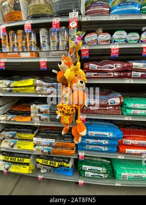 Orlando, FL/USA-1/29/20: Un'esposizione di varie marche di giocattoli colorati del cane per la vendita ad un supermercato Petsmart pronto affinchè i proprietari dell'animale domestico acquistino per loro Foto Stock