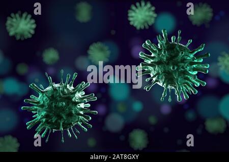 Illustrazione 3D, primo piano del microscopio influenza Virus su sfondo blu Foto Stock