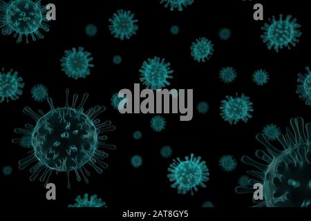 Illustrazione 3D, primo piano del microscopio influenza Virus su sfondo nero Foto Stock