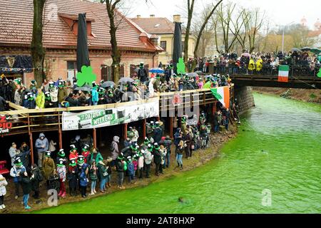 Vilnius, LITUANIA - 16 MARZO 2019: Centinaia di persone che si divertono e celebrano la giornata di San Patrizio`s a Vilnius. Il fiume Vilnele è stato tinto garee Foto Stock