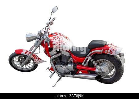 Rosso con fiamme bianche classica moto su sfondo bianco. Isolato Foto Stock