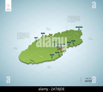 Mappa stilizzata del Qatar. Mappa verde 3D isometrica con città, confini, capitale Doha, regioni. Illustrazione del vettore. Livelli modificabili chiaramente etichettati. Engli Illustrazione Vettoriale