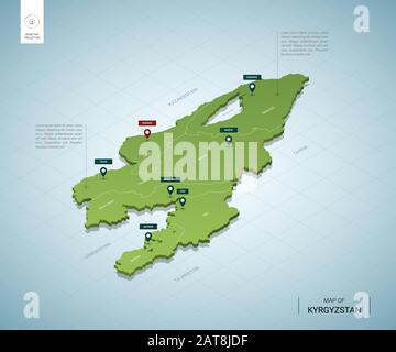Mappa stilizzata del Kirghizistan. Mappa verde isometrica 3D con città, confini, capitale Bishkek, regioni. Illustrazione del vettore. I livelli modificabili etichettano chiaramente Illustrazione Vettoriale