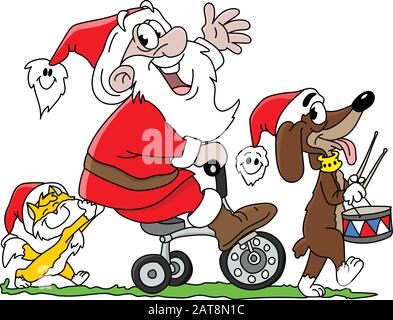 Cartone animato di Babbo Natale a cavallo di un triciclo con il suo gatto e il suo cane illustrazione vettoriale Illustrazione Vettoriale