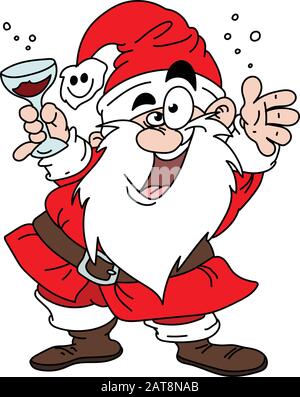 Cartone animato Babbo Natale bere vino e avere divertente illustrazione vettoriale Illustrazione Vettoriale