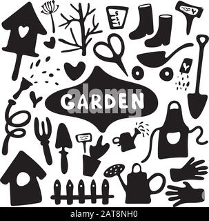 Set di icone per il giardinaggio. Immagini piatte in bianco e nero per la raccolta e la preparazione del giardino per la semina. Stile divertente da barboncino per bambini. Illustrazione Vettoriale