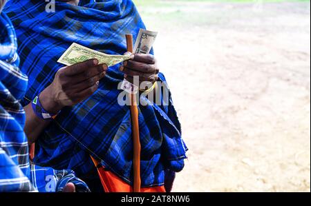 L'uomo africano conta soldi, contando dollari. Primo piano. Foto Stock