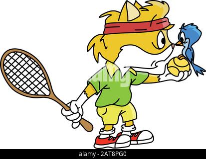 Gatto cartoon giallo che tiene una palla da tennis nelle sue mani illustrazione vettoriale Illustrazione Vettoriale