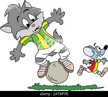 Cartoon gatto cercando di equilibrare su una palla, mentre il suo amico del mouse corre via illustrazione vettoriale Illustrazione Vettoriale