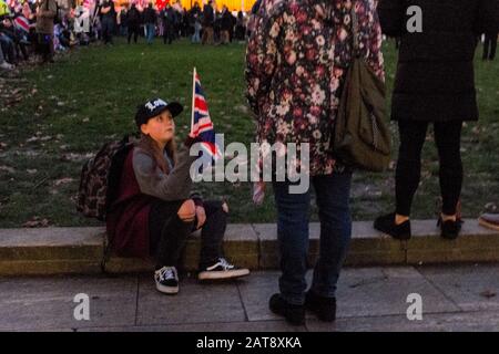 31st gennaio 2020, Parliament Square, Westminster, Londra UK. Giorno Della Brexit. I Leavers Celebrano La Giornata Il Regno Unito Lascia L’Ue Nel Periodo Di Transizione. Foto Stock