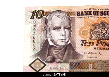 Old 1995 Banca Di Scozia Tercentenary Ten Pound Nota Raffigurante Sir Walter Scott Foto Stock