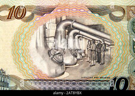 Old 1995 Banca Di Scozia Tercentenary Ten Pound Nota Che Descrive Distillazione E Brewing Foto Stock