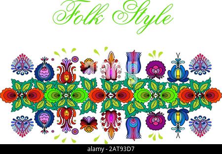 Folkloric Floral Border - Ceco Folk Style Flower Garland - Vector Fashion Vignette Illustrazione Vettoriale