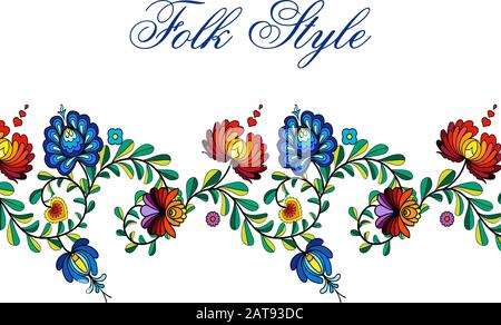 Folksy Floral Border - Russian Folk Style Flower Garland - Vector Ornamental Vignette Illustrazione Vettoriale