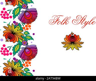 Folklore bordo floreale - modello di fiore in stile folcloristico polacco - Vector Ornamental Vignette Illustrazione Vettoriale