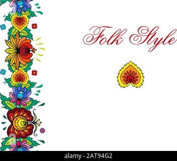 Folksy Floral Pattern - Russian Folk Style Flower Garland - Vector Etnic Vignette Illustrazione Vettoriale