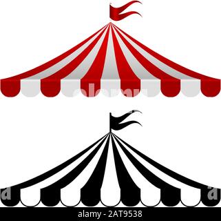 Tende da circo a righe, strisce rosse e bianche e monocromatiche. Illustrazione del vettore. Modello di annuncio del programma Circus, elemento desing. Illustrazione Vettoriale