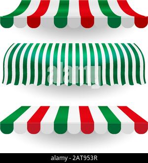 Tenda da tendone per il cibo italiano nei colori della bandiera italiana. Set di sporgenze vettoriali. Oggetti isolati. Illustrazione Vettoriale