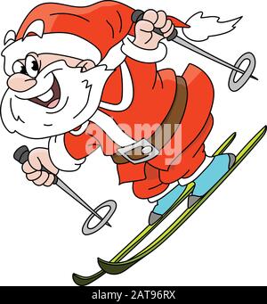 Cartoon Babbo Natale sulla vacanza invernale sciare felicemente illustrazione vettoriale Illustrazione Vettoriale