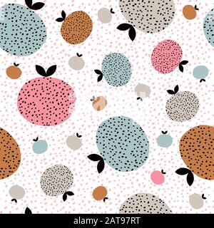 Modello senza cuciture per bambini con frutta e punti disegnati a mano. Illustrazione Vettoriale