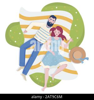 Coppia felice, uomo e donna che trascorrono insieme a sdraiarsi sull'erba e rilassarsi durante i fine settimana estivi o le vacanze all'aperto. Persone in abiti estivi, giornata estiva vettore piatto illustrazione. Illustrazione Vettoriale