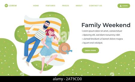 Modello di landing page piatto per il weekend in famiglia. Felice coppia personaggi trascorrere il tempo insieme sdraiato sull'erba nei fine settimana estivi o in vacanza. Persone in abiti estivi, giornata estiva vettore illustrazione. Illustrazione Vettoriale