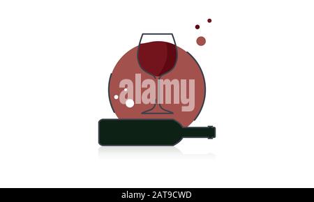Vettore d'arte a linea piatta di un bicchiere di vino pieno di vino rosso, seduto su uno sfondo circolare. Sul fondo si trova una bottiglia di vino verde vuota. Illustrazione Vettoriale